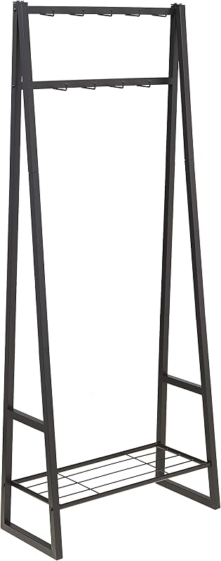 9 Hooks Coat Rack, Freestanding Entryway Shoe Bench with Metal 1-Tier Storage Shelf, Space Saving for Hallway and Bedroom, 13" D x 27.6" W x 69" H, Black