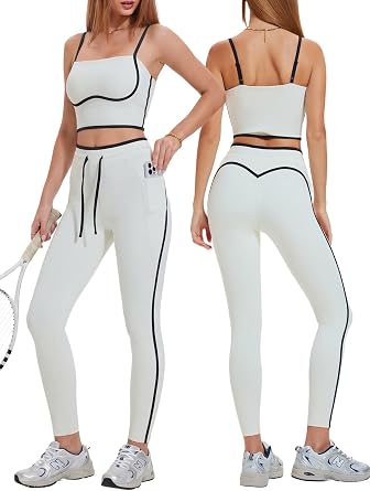 Womens 2 Piece Workout Set with Pockets Square Neck High Waist Leggings for Gym Tennis Golf Yoga Running Pilates Outfits