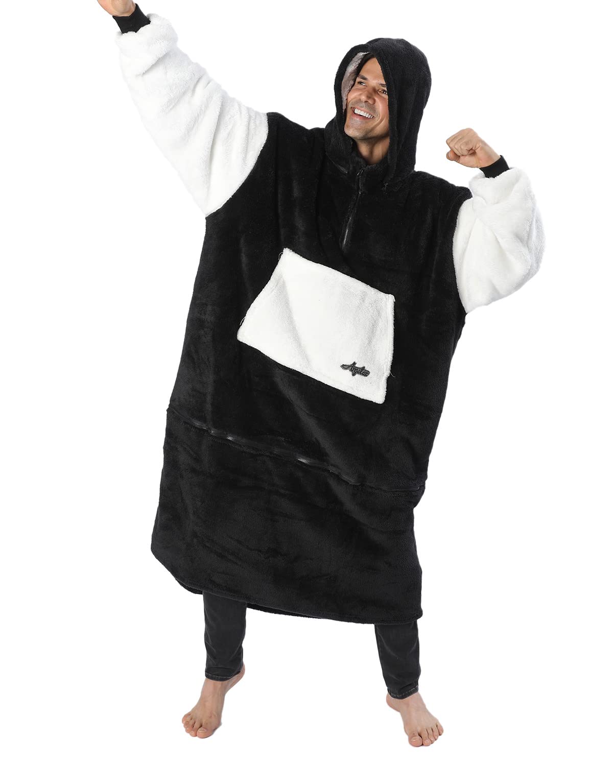 Argstar Coperta con Maniche Oversize Cappuccio da Donna e Uomo, Coperta Portatile Sherpa per Adulti Comoda Calda Felpa Cappuccio con Tasca Profonda Manica Elastica (Nero Ispessito Allungato)