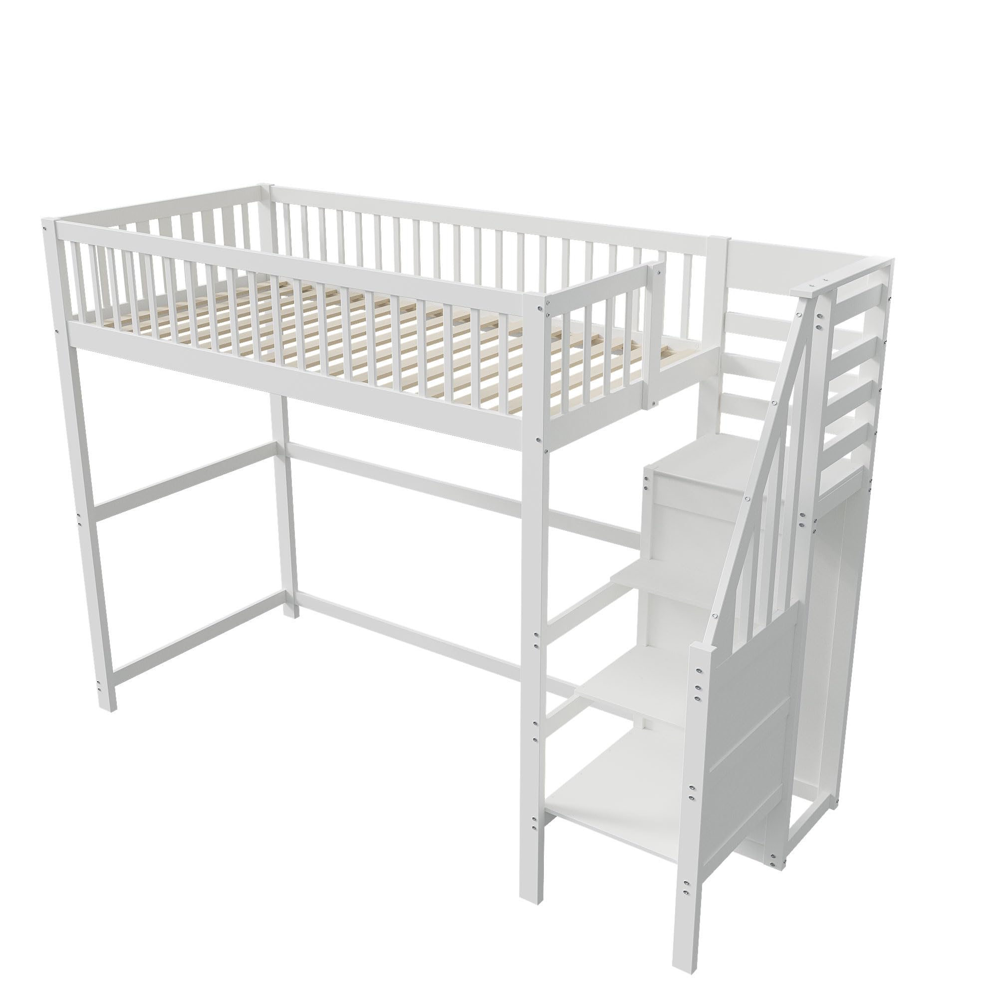 YESGIGA Cama alta 90 x 200 cm con escalera, cuna blanca de madera con estante de almacenamiento, armario sencillo (blanco, 90 x 200 cm)