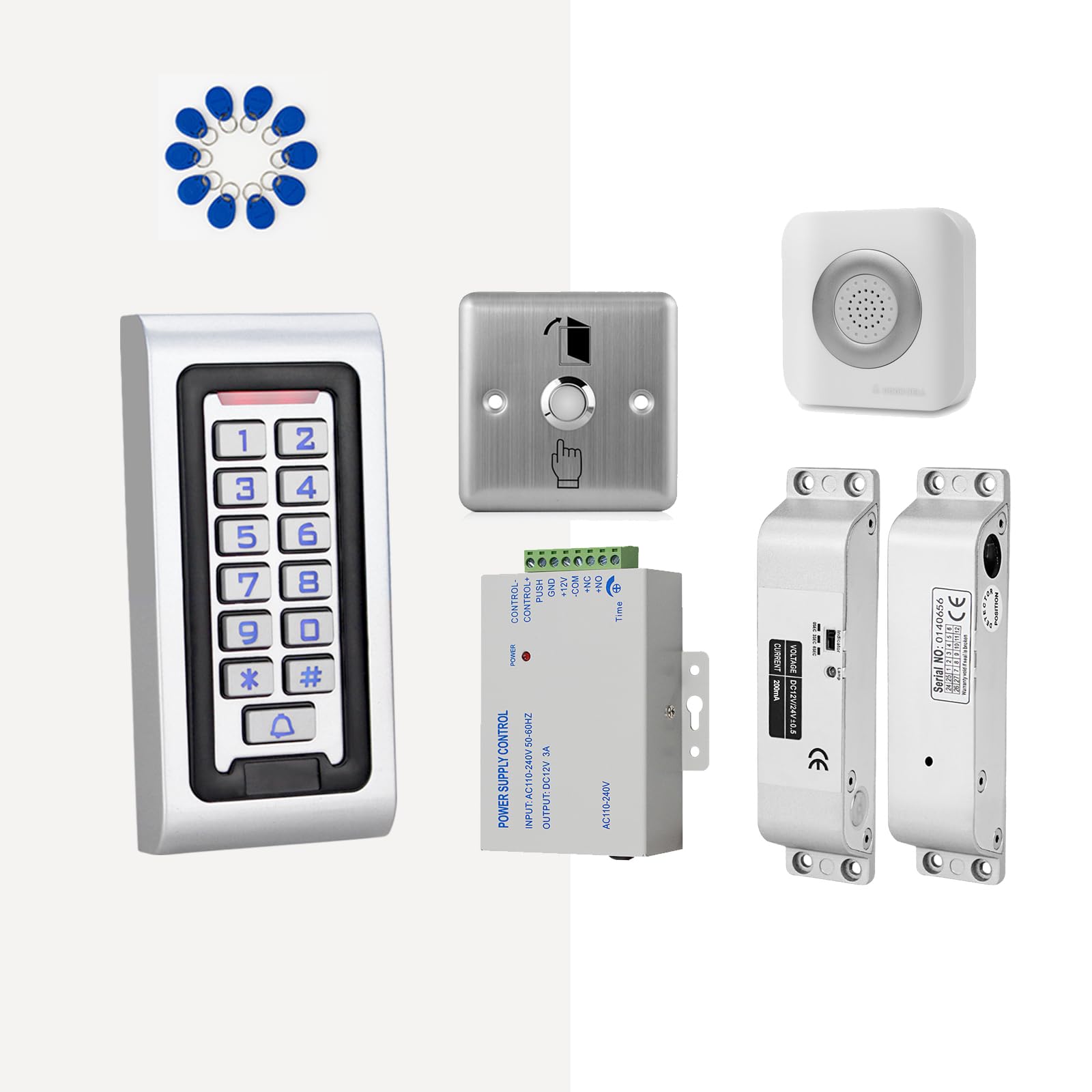 ReaIOKbii Complete security access control system kit: Waterproof, RFID, metal keypad, door lock, electric mortise lock