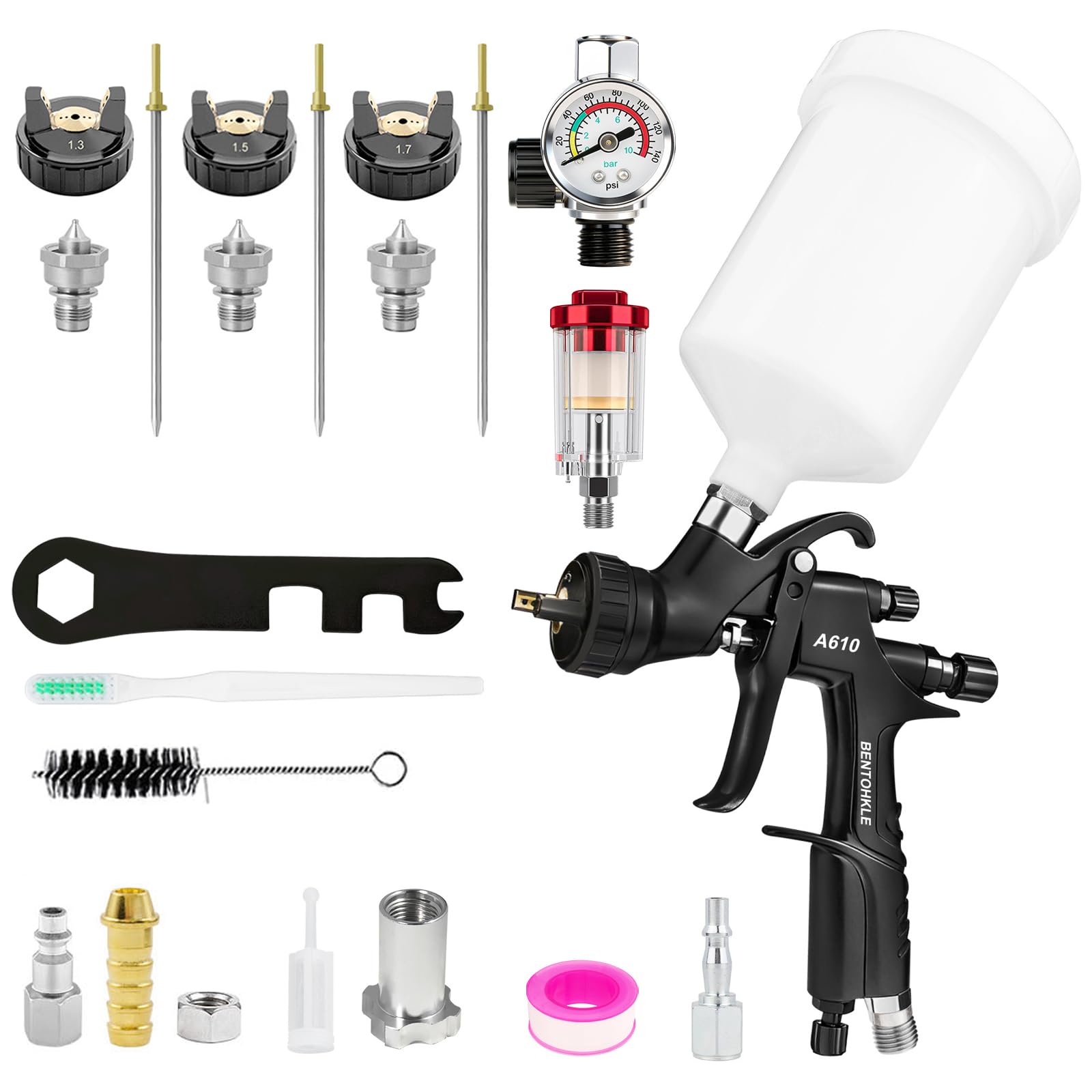 A610 LVLP Air Spray Gun with 1.3/1.5/1.7mm Nozzles& Air Gauge, R500 Automotive Paint Gun Sprayer for Car, House Painting, Industrial Coating