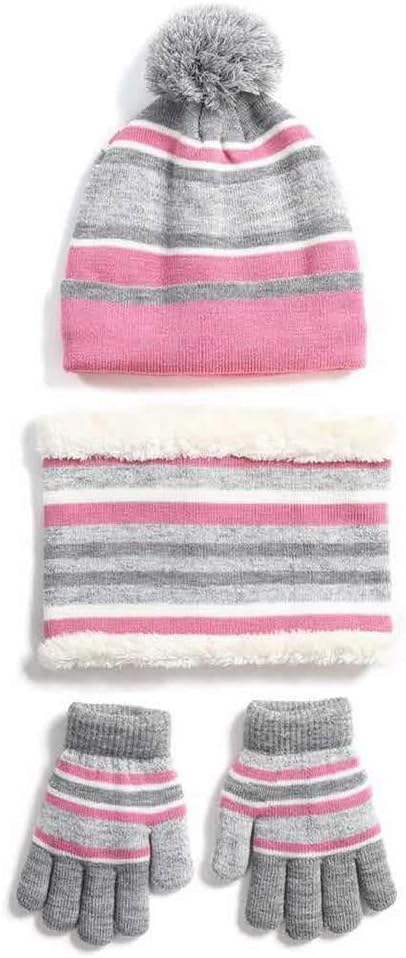 Scarf,Winter Beanie Hat Scarf Gloves Set for Kids Boys Girls Striped Skullcap Mittens Neck Warmer with Warm Fleece Scarf(Pink)