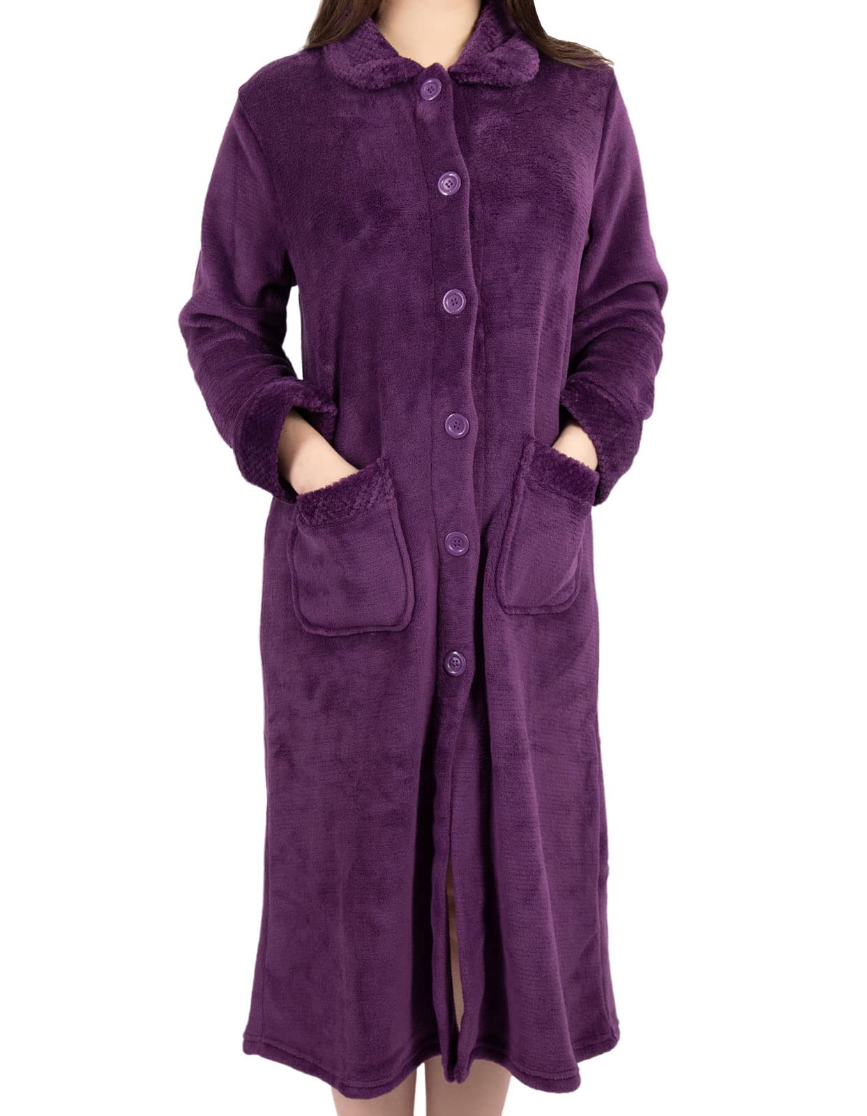 Slenderella Ladies Button Up Coral Fleece Dressing Gown Bath Robe with Waffle Detail Medium (Plum)
