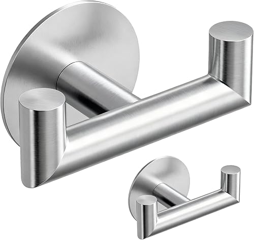 Miniatura 1 de Paquete de 2 ganchos de baño de níquel cepillado para toallas, ganchos dobles autoadhesivos para pared, sin taladrar, acero inoxidable 304, sujeción