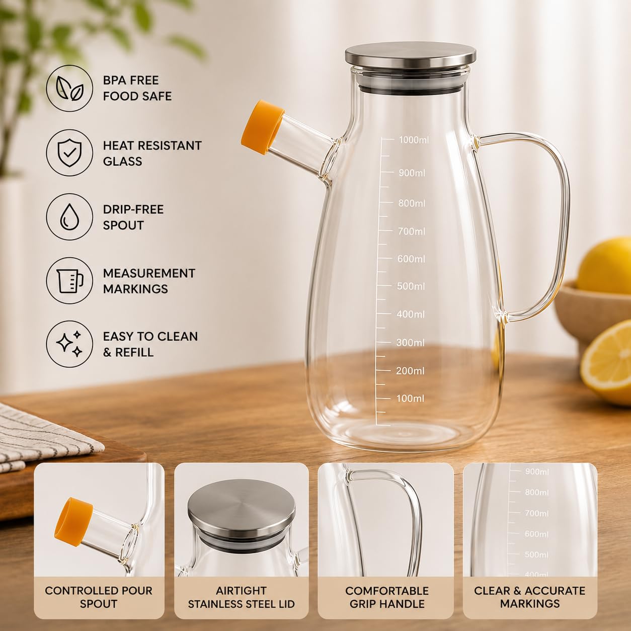 Femora 1000ml Glass Oil Dispenser with Leakproof Lid | High Borosilicate Glass Construction | Kitchen Jar with Capacity Markings | Leak-Resistant Jar for Oil, Soy Sauce, Vinegar & Seasonings 2