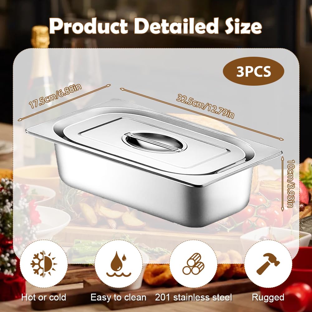 Lot de 3 Bac Inox Alimentaire Avec Couvercle, Bac Gastronorme, Boite Alimentaire Inox pour Buffet/Maintien au Chaud/Traiteur/Hôtel/Restaurant - 32,5 x 17,5 x 6,5 cm