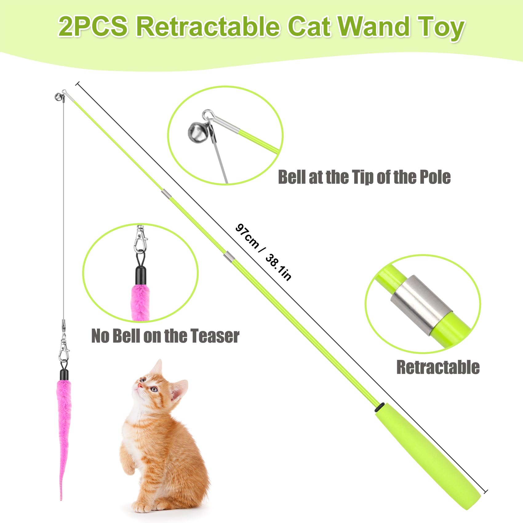 ChicWow Interactive Retractable Cat Wand & Hanging Toys for Cats - 2 Wands, 2 Hanging, 7 Teaser Cat Toys for Indoor Adult Cats Kitten, Includes Feather, Mouse, Fish, Worm, 1 Spare Elastic Rope