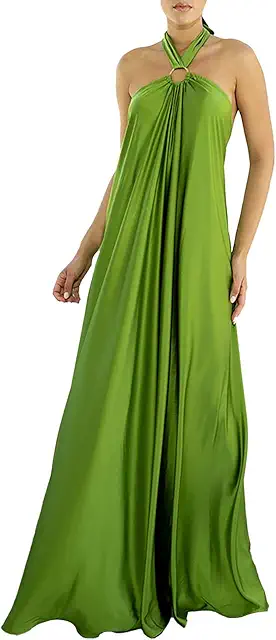 Green Satin Long Formal Dress with Halter Neck & Side Slit