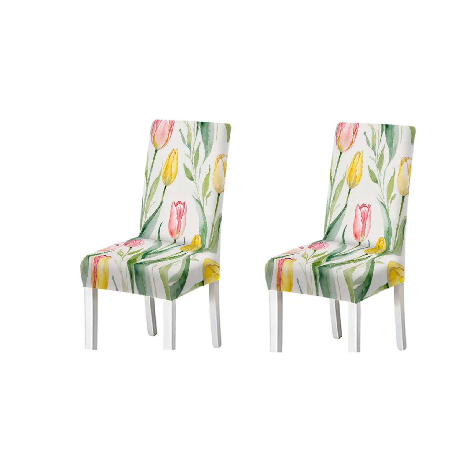 KXUAUV Watercolor Pink Yellow Tulip Floral Print Dining Chair Covers, Stretch Slipcovers For Kitchen Dining Room Spring, 2/4/6PCS Seat Protectors for Restaurant Hotel Party(2PCS Chair cover)