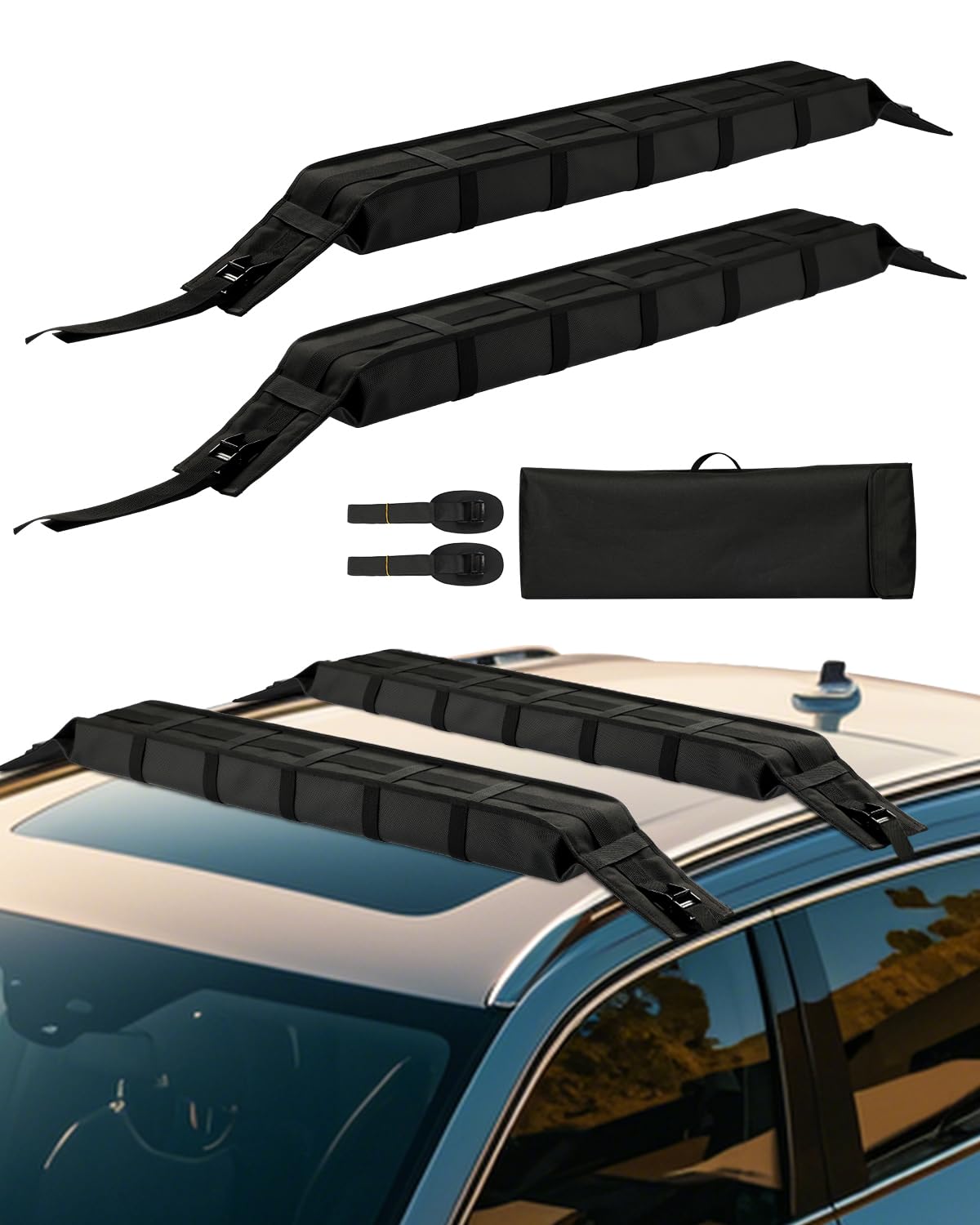 VEVOR Coussinets de Toit Universels, Coussinets pour Porte-​bages et Porte-​Kayak avec Capacité de Charge 80 kg, avec 2 Sangles d'Arrimage et Sac de Rangement Portable, pour Canoë Planche de Surf