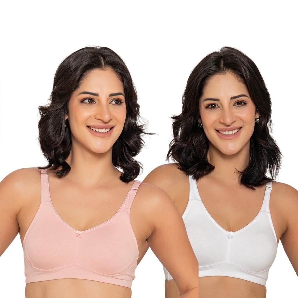 Seamless Non-Padded Bra for Women | Non-Wired Cotton Full Coverage T-Shirt Bra | Thin Adjustable Straps | Double Layered Cups | Anti Sag Lift Up Support | Luna Combo of 2-image-16