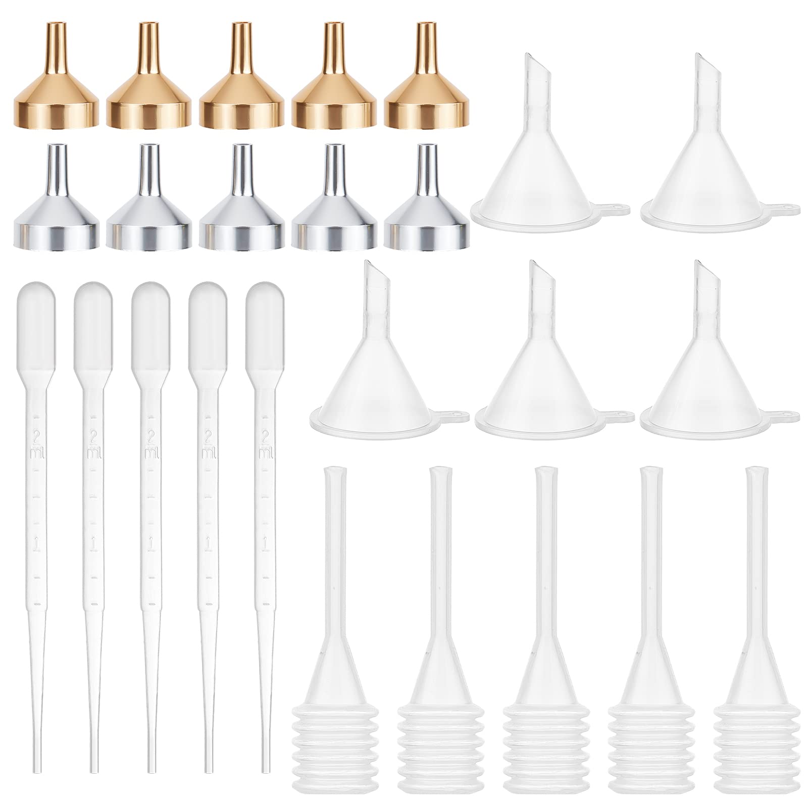 GORGECRAFT 25Pcs 5 Style Small Metal Funnels Essential Oil Funnel Kit and Dropper with Plastic Transfer Pipettes for Liquid Powder Transfer Filling