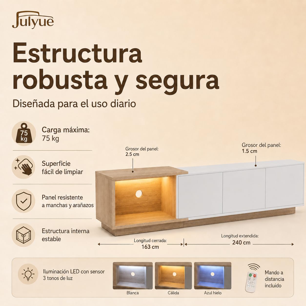 Mueble TV Extensible 163-240 cm, Mueble Bajo con LED Sensor, USB y Pasacables, 3 Cajones de Apertura a Presión, para Televisor hasta 75 Pulgadas