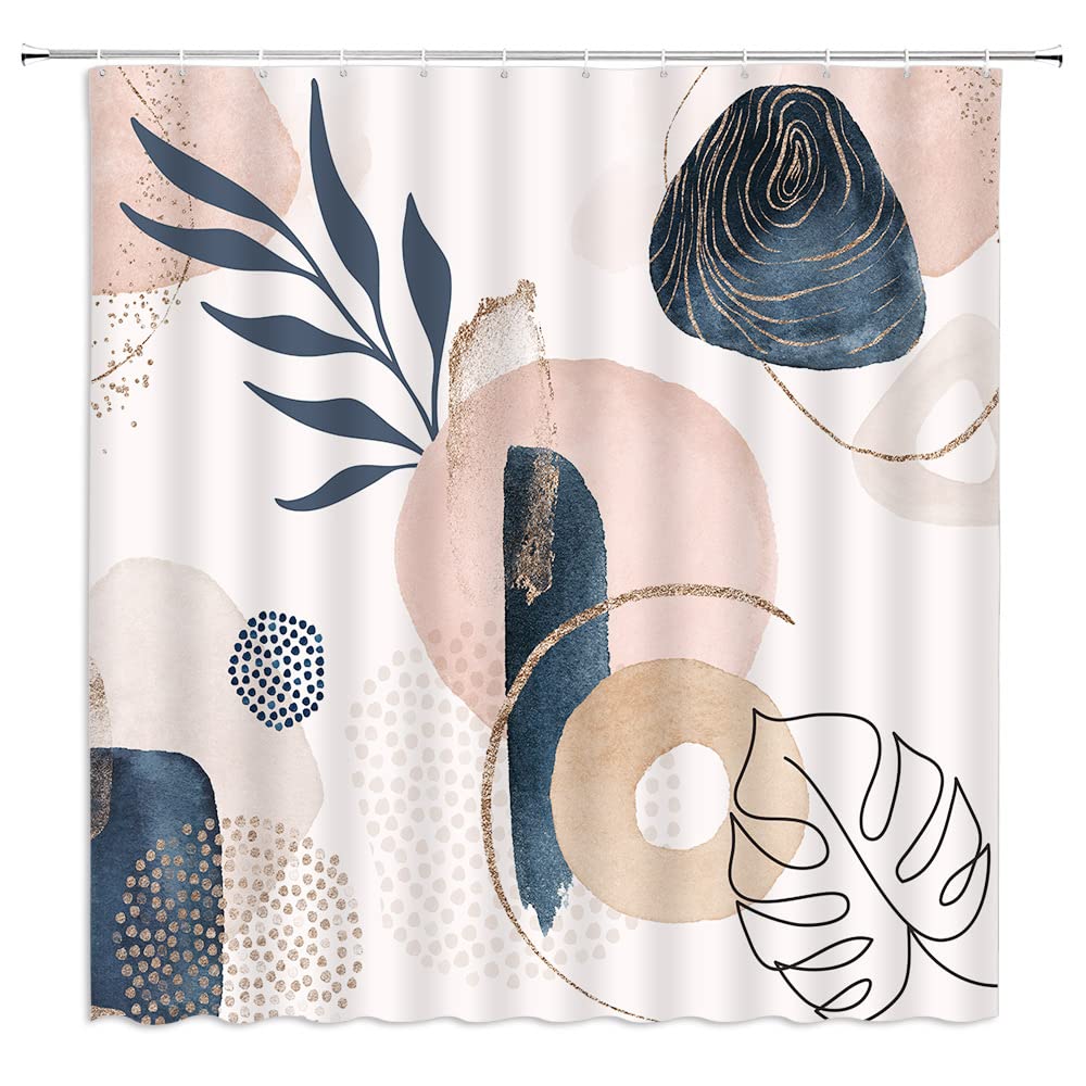 Abstract Mid Cnetury Modern Shower Curtain Boho Leaf Geometric Floral Plant Neutral Minimalist Vintage Botanical Aesthetic Fabric Bathroom Decor Curtain with Hooks