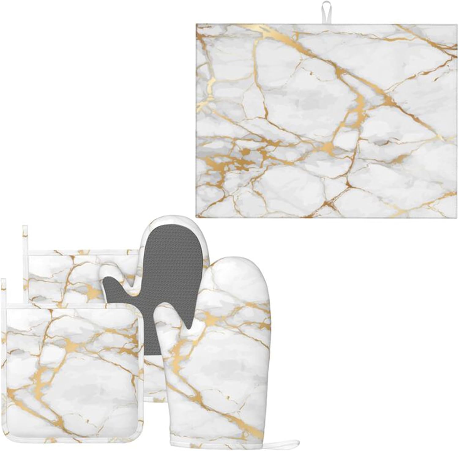 Oven Mitts and Pot Holders Sets of 4 + Dish Drying Mat for Kitchen Chef Baking Cooking Grilling White Marble