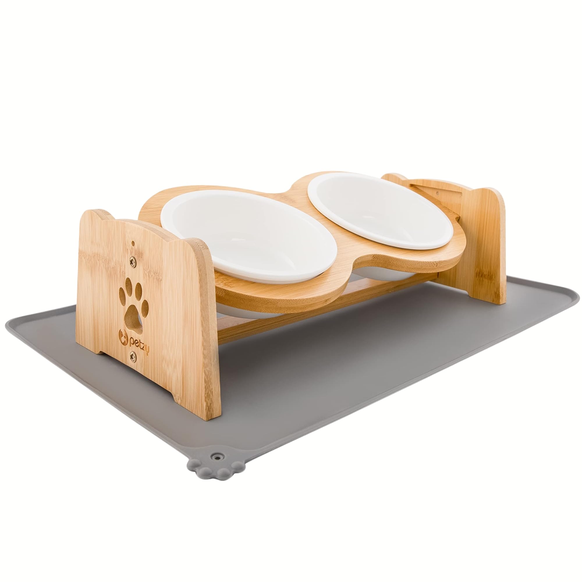 Petzy Premium Keramik-Hundenapf, höhenverstellbarer Katzennapf, 350 ml pro Napf. Ideal für kleine Hunde, mit Rutschfester Unterlage und Futternapf aus Bambus.