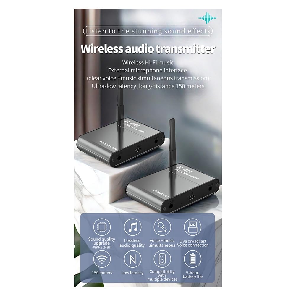 Adaptador de Audio Inalámbrico 2.4G con Alcance de 150 M, Transmisor y Receptor de Audio Inalámbrico de Alta Fidelidad para Cine, Altavoces, TV y Transmisión en