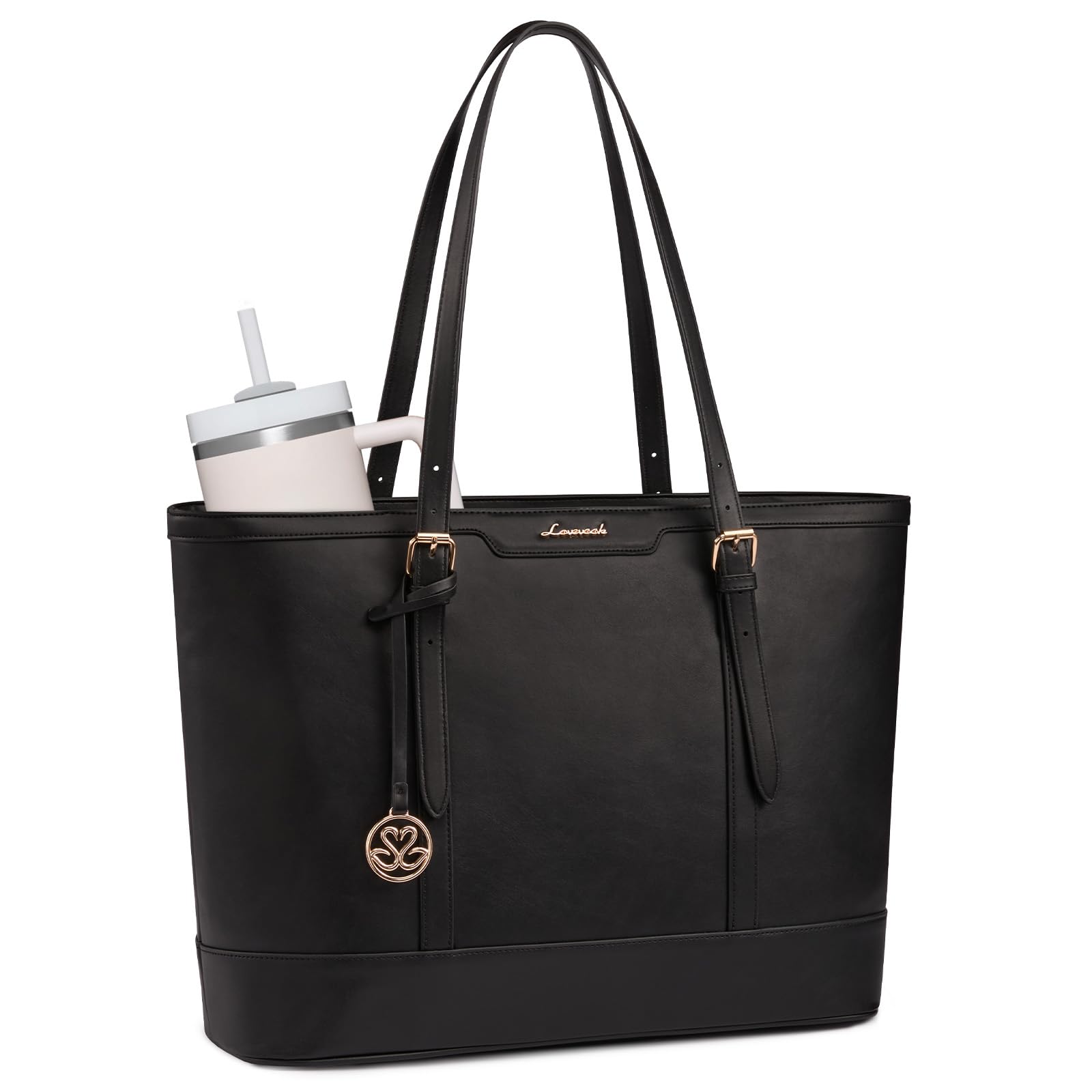 LOVEVOOK Laptophandtas voor dames, groot, zakelijke shopper, tas, PU-leer, 2 -in-1, crossbody tote bag, handtas, elegante werktas, aktetas, lerarentas voor kantoor en werk, A-zwart, 15.6 Zoll, Utility