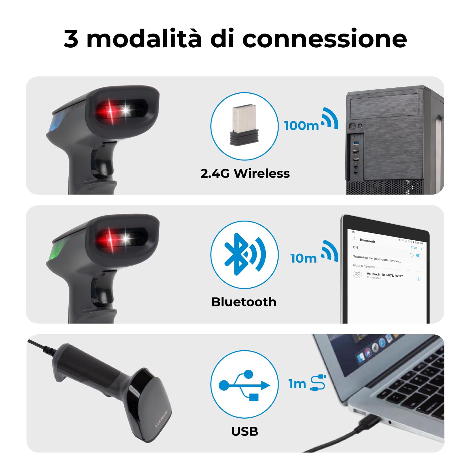 VulTech BC-07P-WBT Barcode Scanner Wireless 2.4Ghz / Bluetooth/USB Lettore Codici a Barre 2D 1D QR, Scansione su display, POS, Registratore Cassa Magazzino Supermercato Farmacia Windows/Mac/Linux