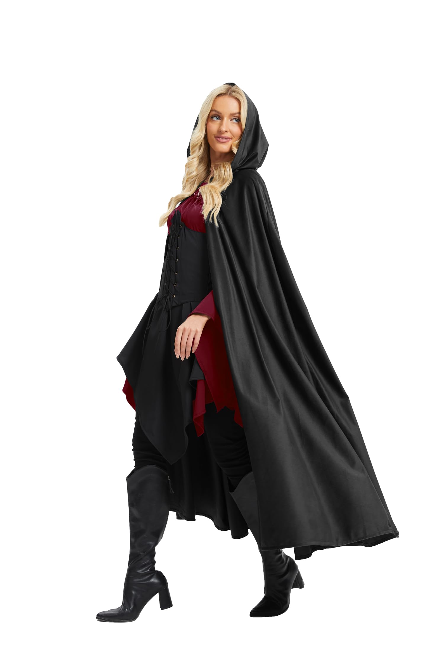 RongXuan Halloween Costume Renaissance Cape with Hood Costume Velvet Coat for Men Women Victorian Steampunk Medieval Cosplay Cape (Black - Image 4
