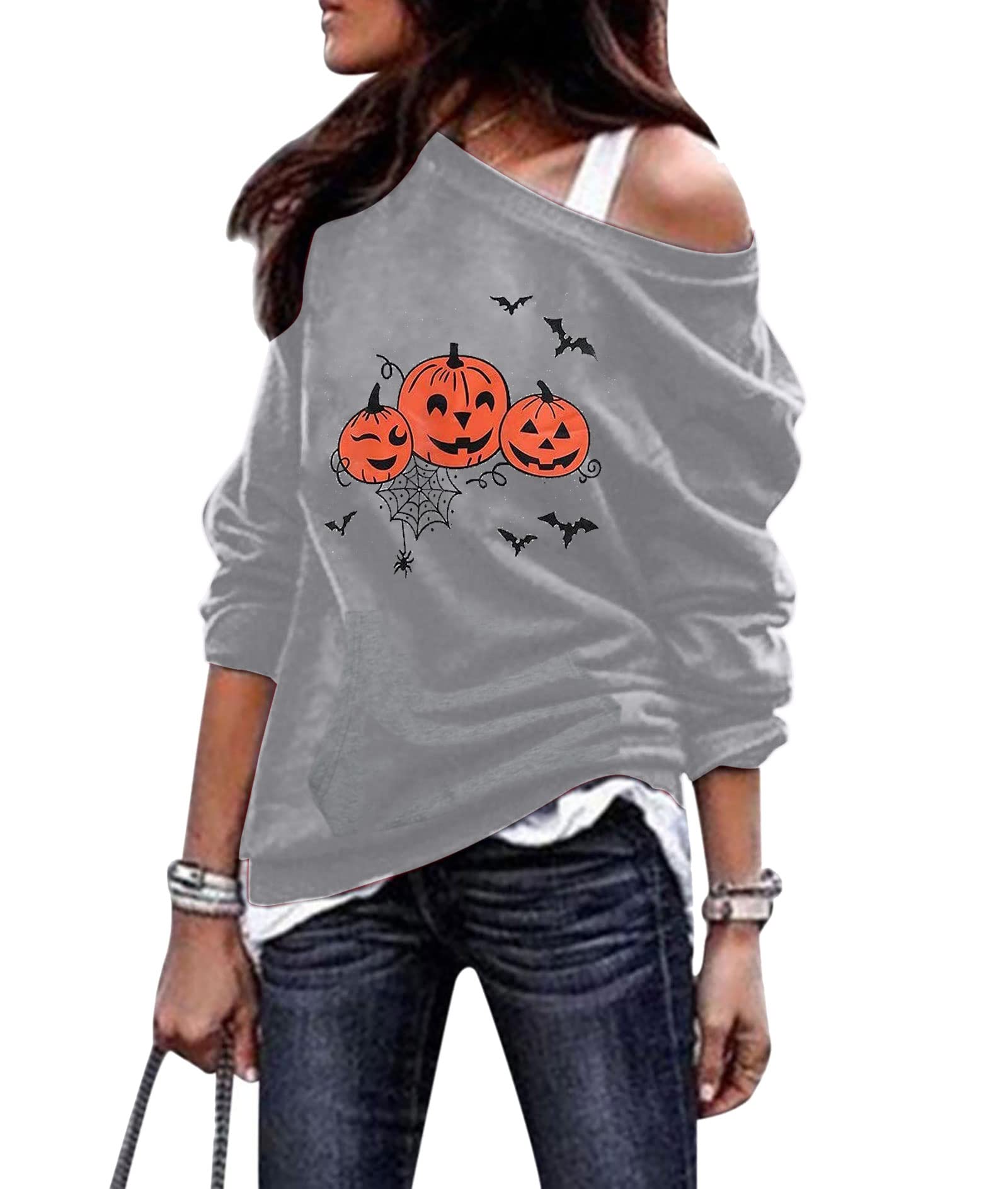 FLOYUPumpkin Face Sweatshirt Women Halloween Off The Shoulder Tops Fall Pumpkin Pullover Halloween Long Sleeve Clothes