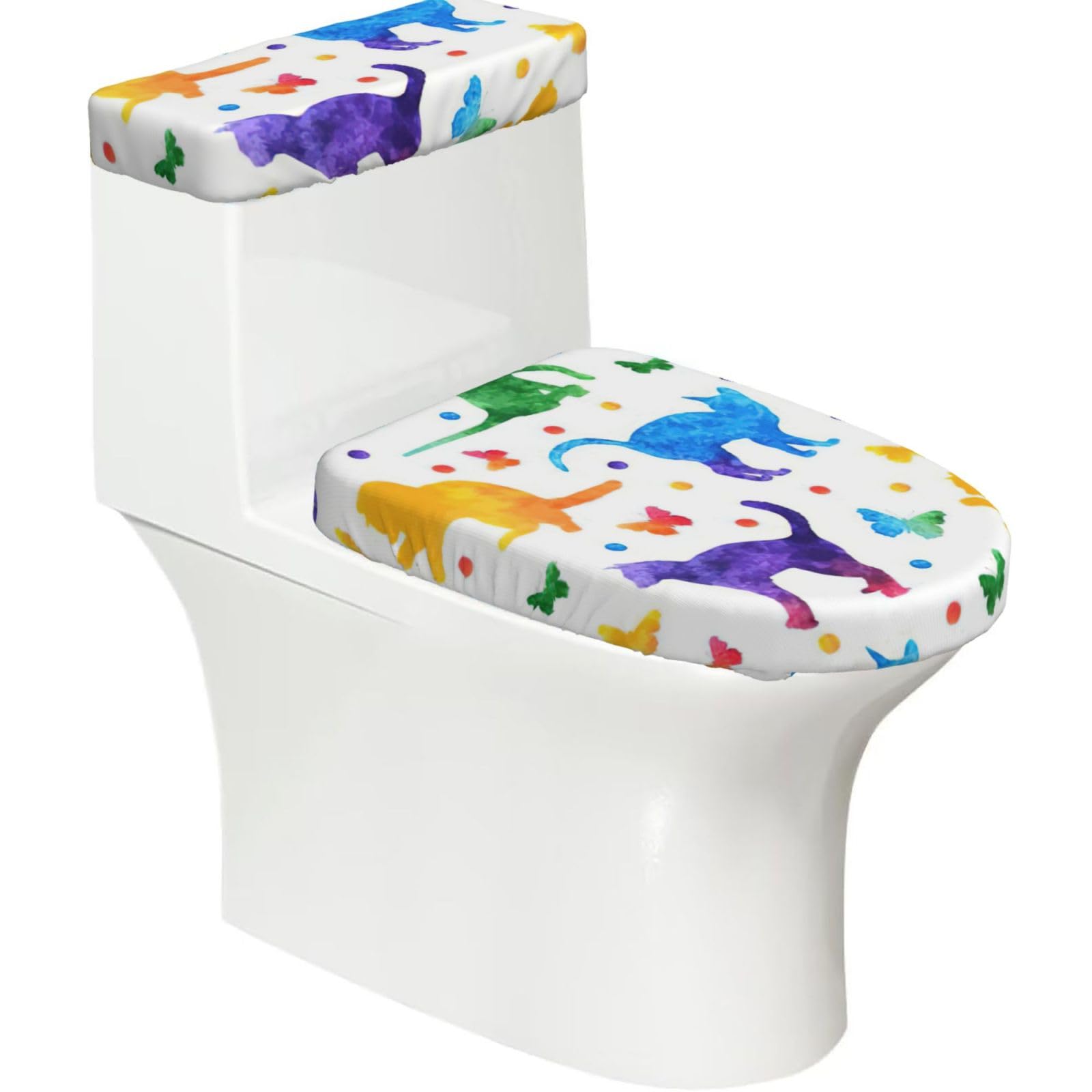 Butterfly Polka Dot And Cat Print Stretch Toilet Covers Set, Polyester Covers Replacement For Fits Most Size Lids Bathroom Decor
