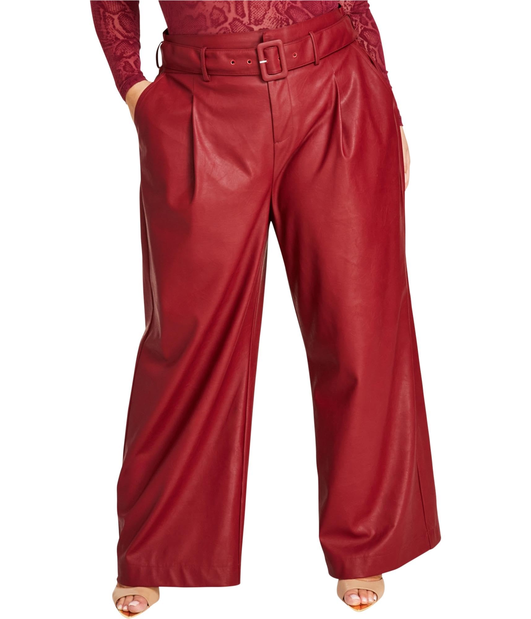 Nina Parker Womens Pleather High Waist Belted Trousers Relaxed Dress Pants Red Plus Size 28W