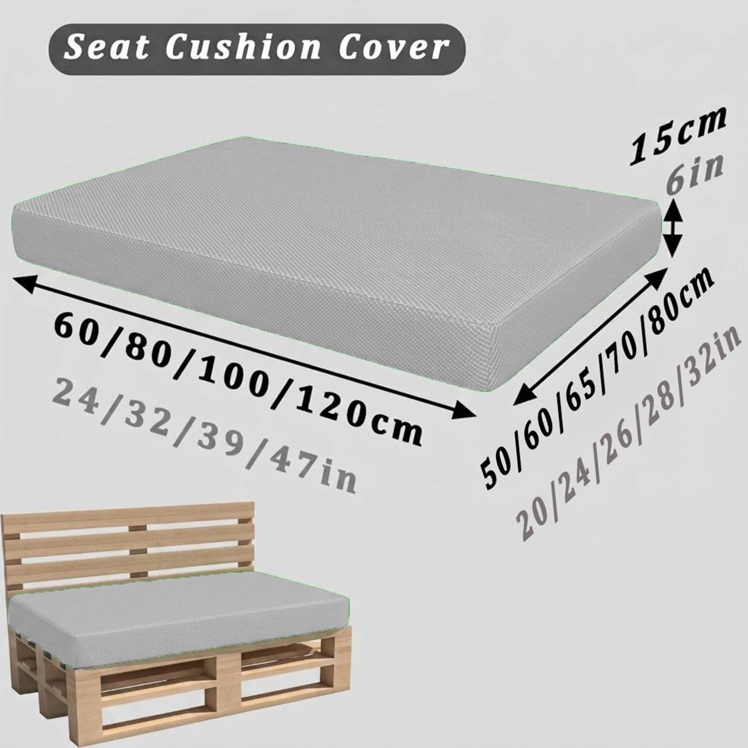 Housse de Coussin pour Palette de Rechange 120×60 120×80 120×40, Revêtement Extérieur Imperméable pour Canapé de Jardin, Assise et Dossier Incliné avec Zip Invisible, DIY(Gris,Seat 70x120cm)
