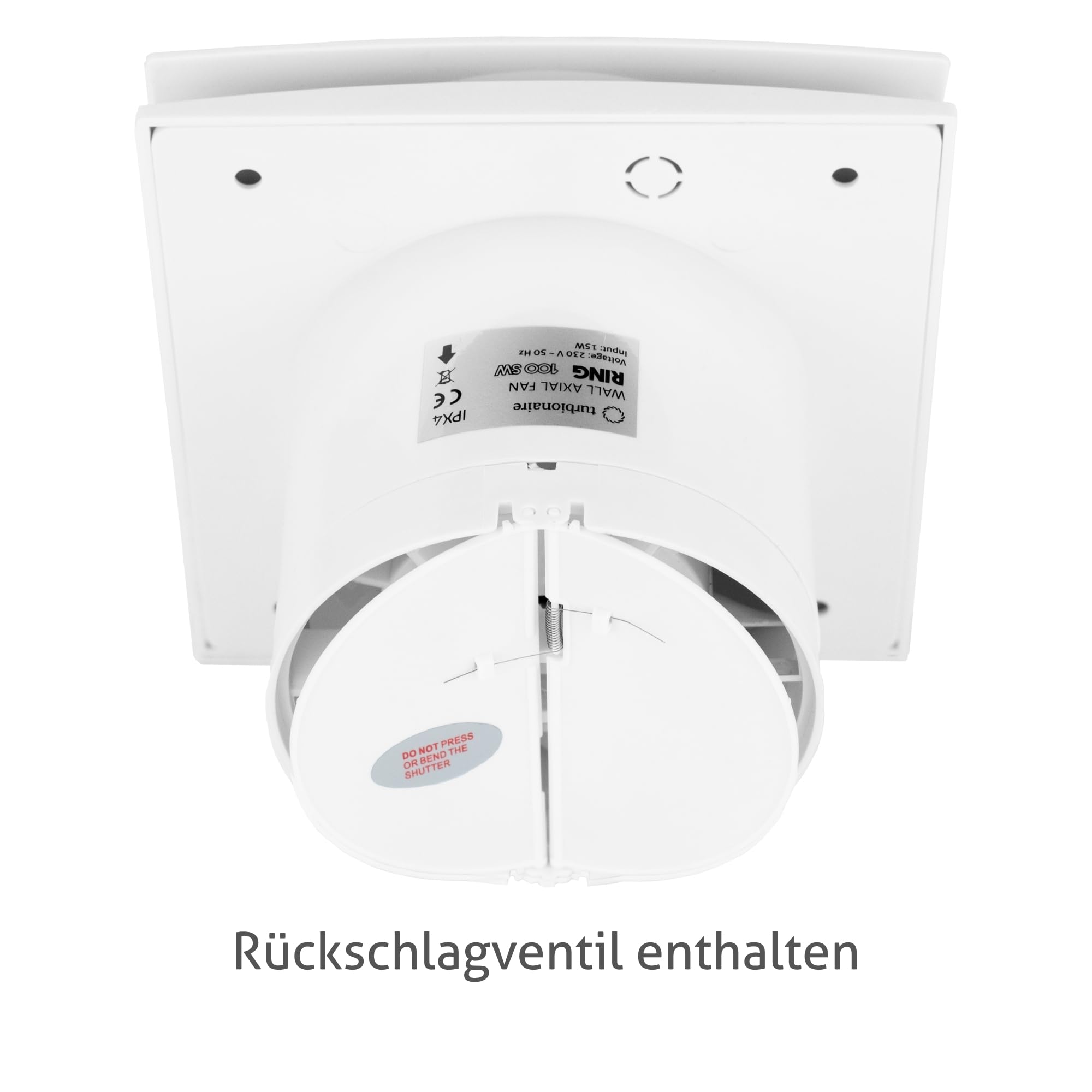 Turbionaire RING 100 SW Badlüfter, Doppelte Ansaugung und Vorderseite, 100 mm Durchmesser, Weiß, Nichtrückkehrventil, Wasserdicht, Für Belüftung im Badezimmer und WC