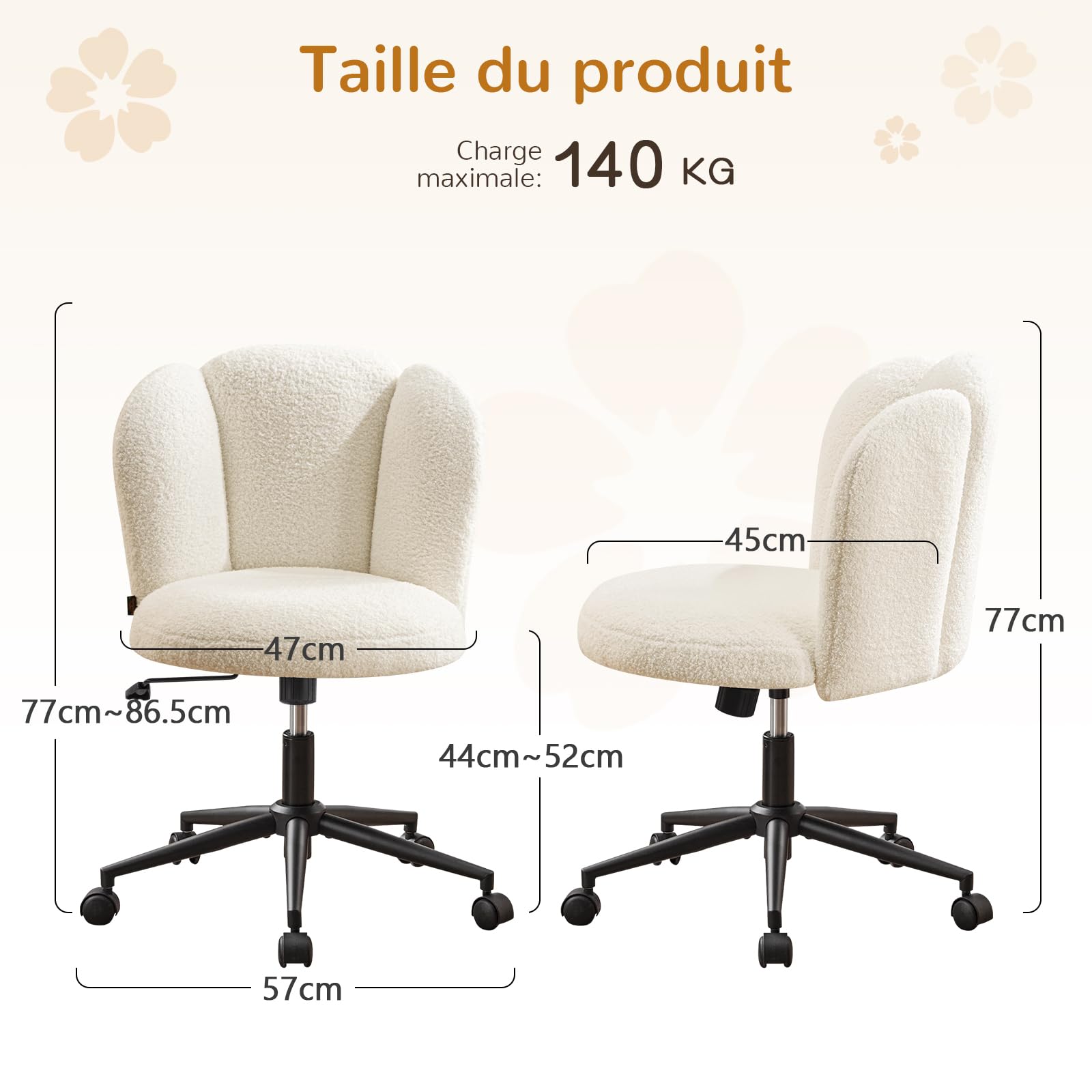 Fauteuil de Bureau, Chaise de Coiffeuse, Chaise Bureau Réglable en Hauteur avec Dossier Inclinable Pivotante à 360°, Fauteuil Coquillage Design Fleur en Bouclé pour Salon Chambre, Blanc
