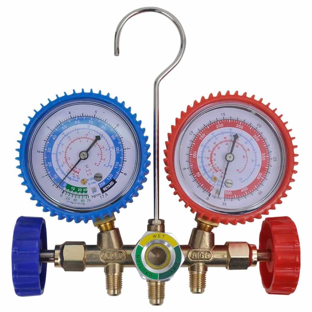 Vakuumpumpe mit 2-Wege-Verteiler und Manometer Set für Klimaanlagen, professionelle Kältemittel Wartung, Aluminiumgehäuse, inklusive Schläuche, Adapter, Haken
