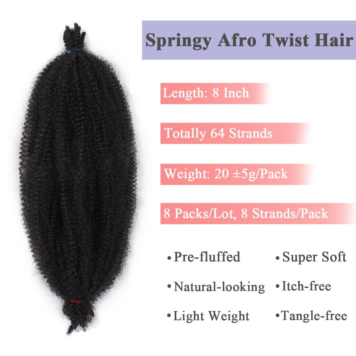 Leeven 8 Inch Springy Twist Hair for Afro Marley Locs 8 Packs Afro Kinky Curly Marley Braiding Hair Extensions Pre Separated Popping Spring Twist Crochet Hair for Distressed Locs /1B# - Image 3