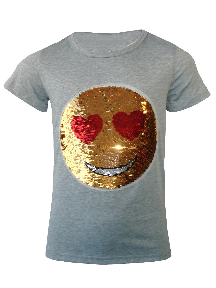 Girls Print Emoticons Face T Shirt Tee Top Brush Changing Sequin Grey