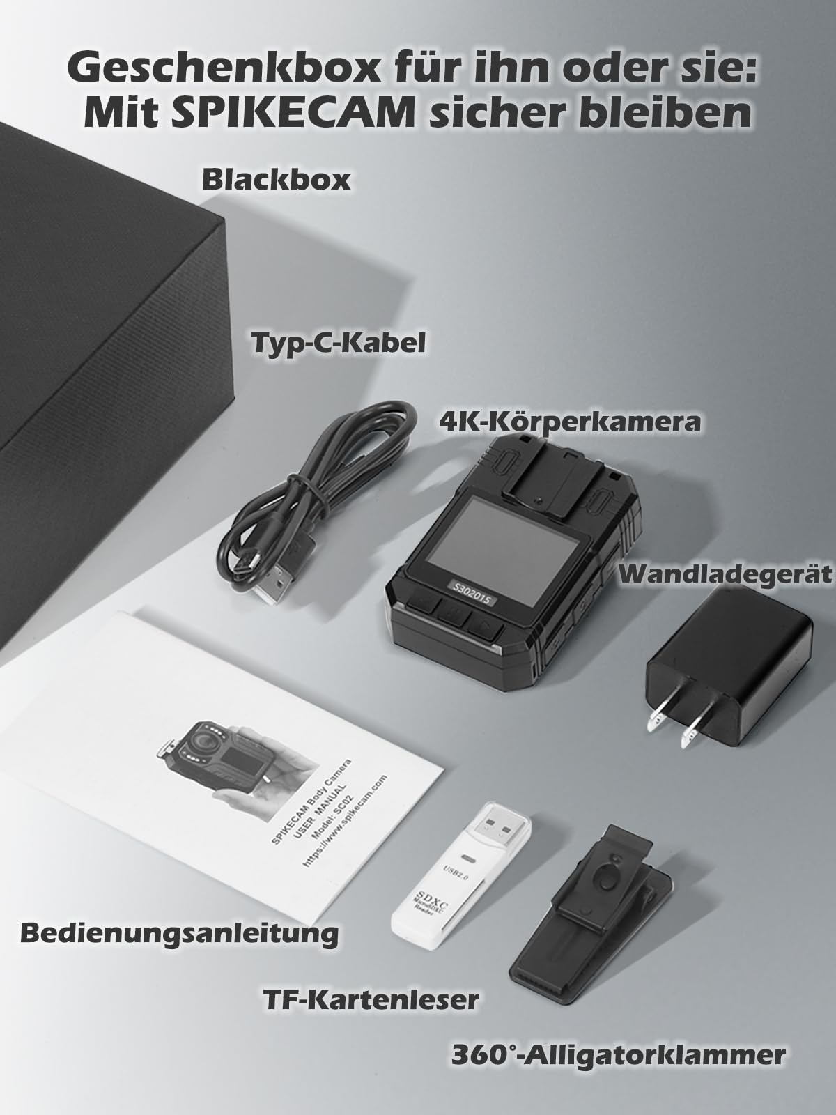 SPIKECAM Echte Body Cam 4K, Bodycam Körperkamera Mini 4K mit OTG, SOS-Alarm, Taschenlampe, Audio- und Videoaufnahme, Handy Body Camera für Polizei- und Sicherheitsdienste, 64GB