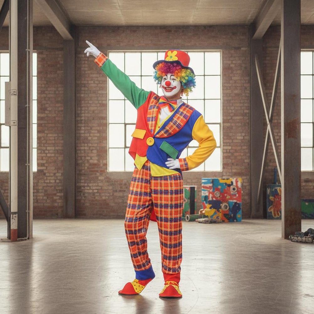 1 Set di Costume Clown Circo per Adulti, Completo di Parrucca, Maschera, Borsa, Scarpe E Guanti. Divertente Costume Clown per Travestirsi.