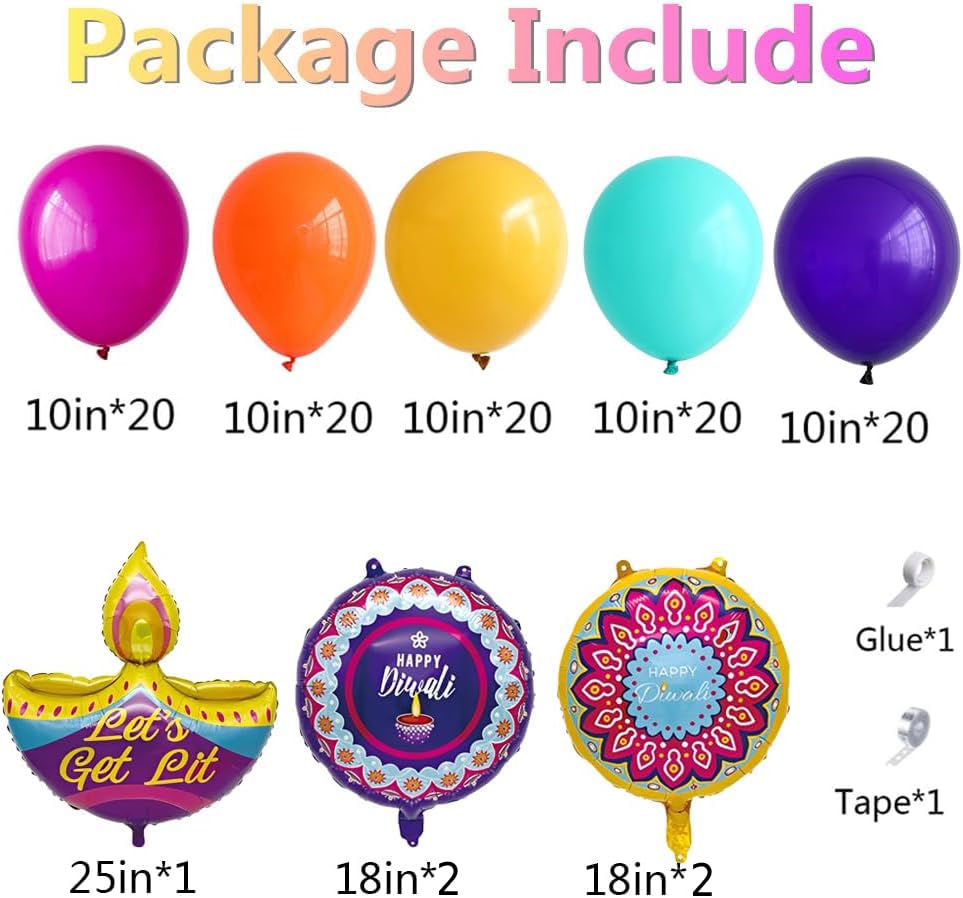 Image of AMFIN (Pack of 107) Happy Diwali Diya Shape Foil Balloon with Latex Balloons - Multi