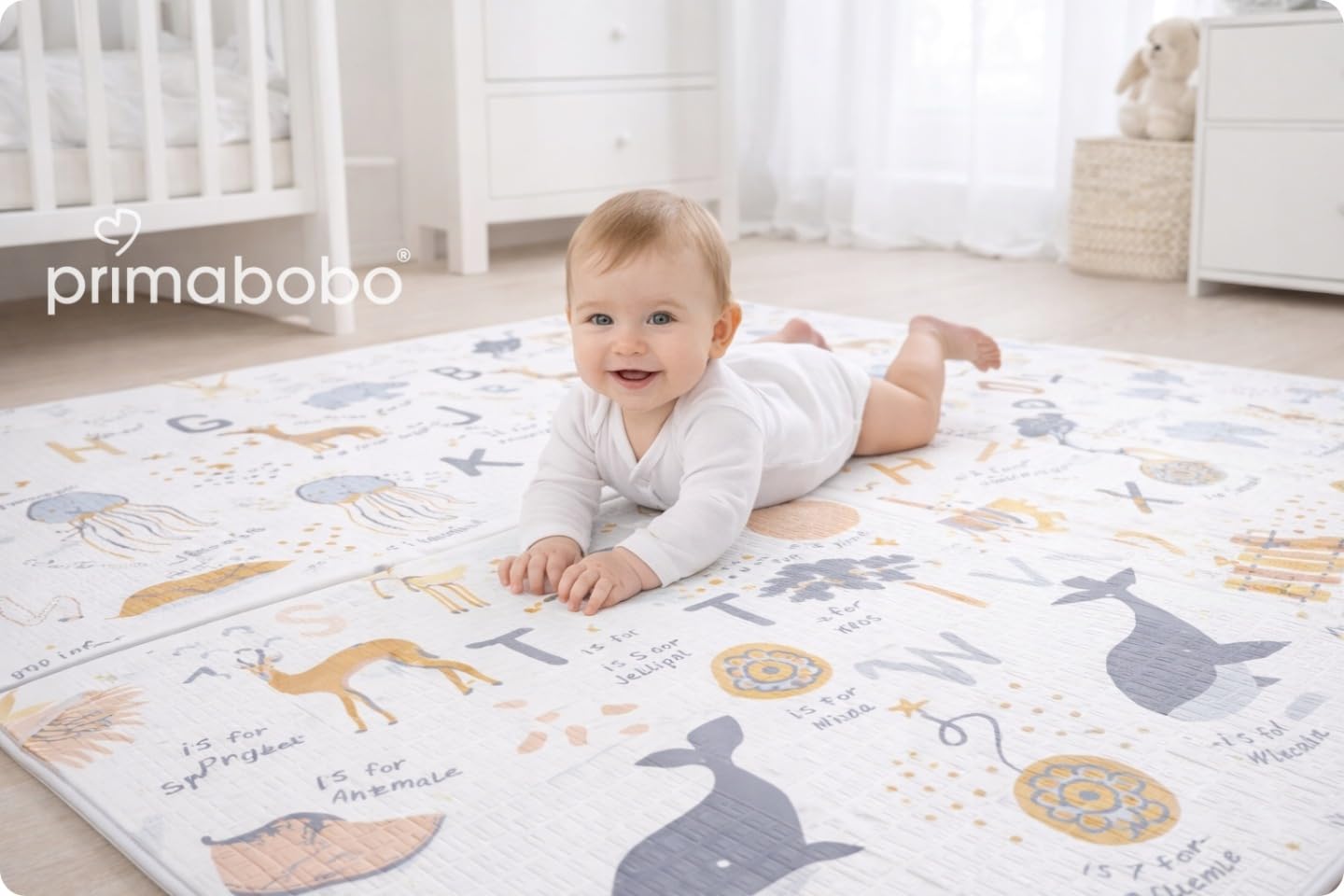 Primabobo Mata Piankowa do Zabawy 120x180cm, Duża Edukacyjna Mata Podłogowa dla Niemowląt, Wzór Alfabet i Zwierzątka Safari, Gruba Powierzchnia Izolująca, Wodoodporna, Pastelowy Design