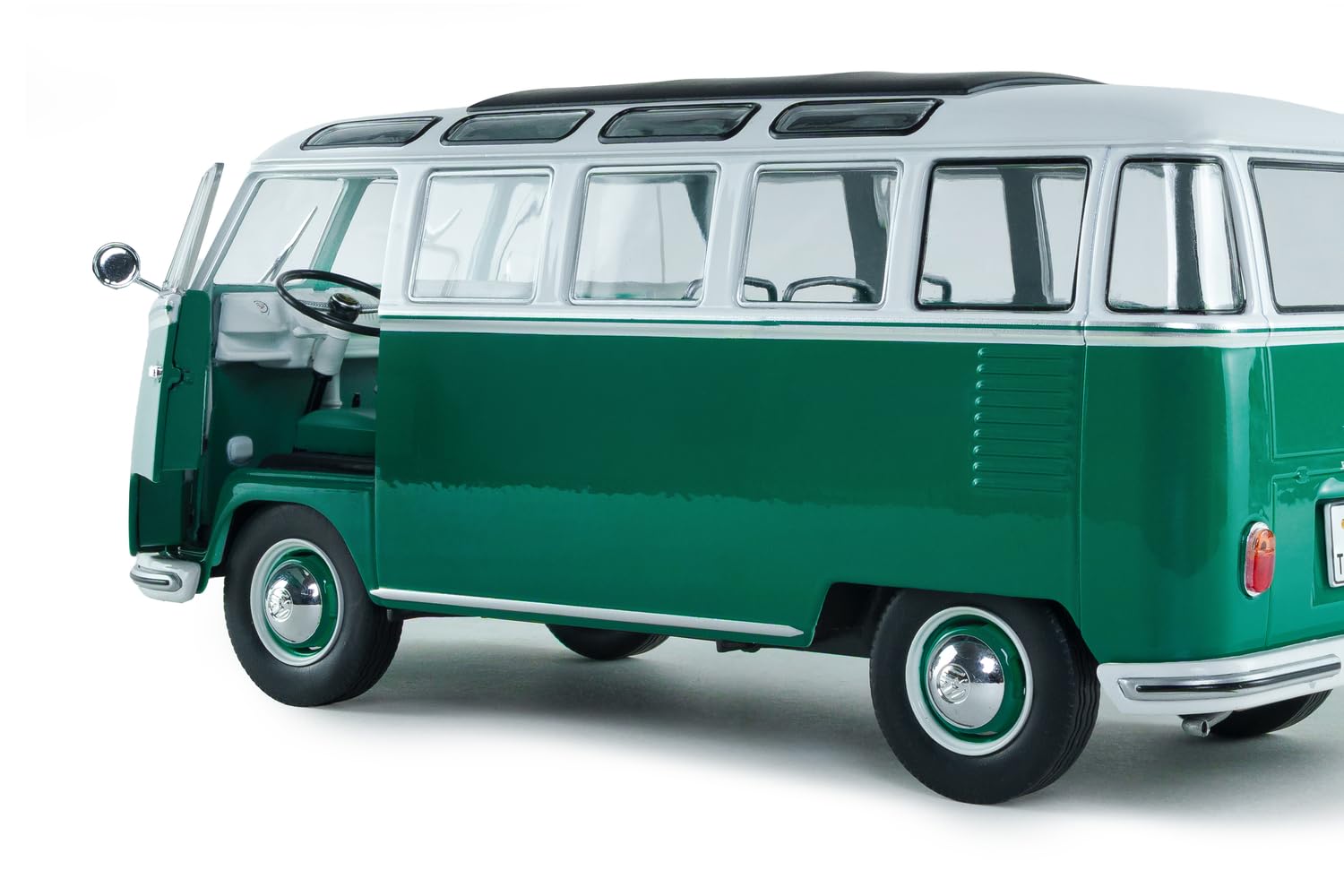 Solido - VW T1 Samba 1962 1:18 - Modellino di auto pressofuso, modello da collezione in metallo, verde/bianco, con base in plastica, scatola con finestra