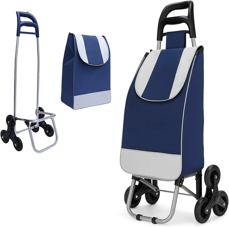 Carrinho de Compras Dobrável para Feira, Supermercado, Praia, Camping, com Rodas Triplas que Sobem Escadas, Reforçado, Suporta até 30kg, Fácil de Montar e Desmontar (Azul)