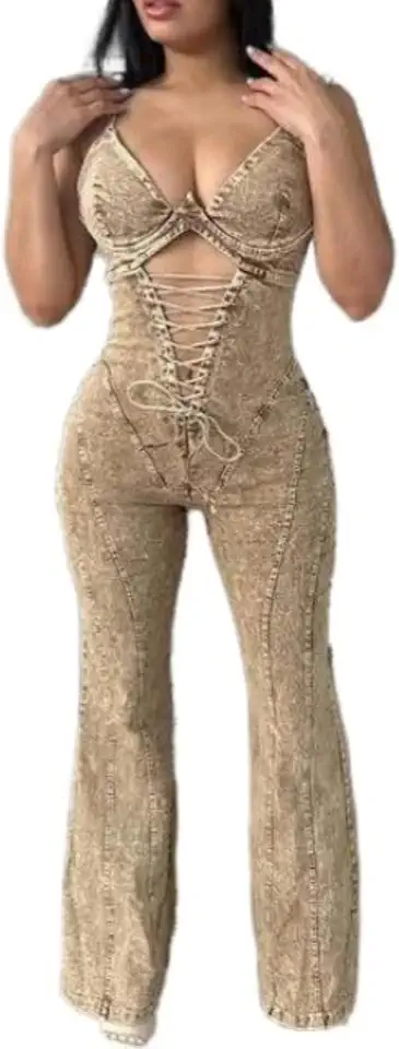 Esparguete Feminino Correias V-Neck Jeans Rompers Oco Fora Mangas Slim Fit Macacão Retro