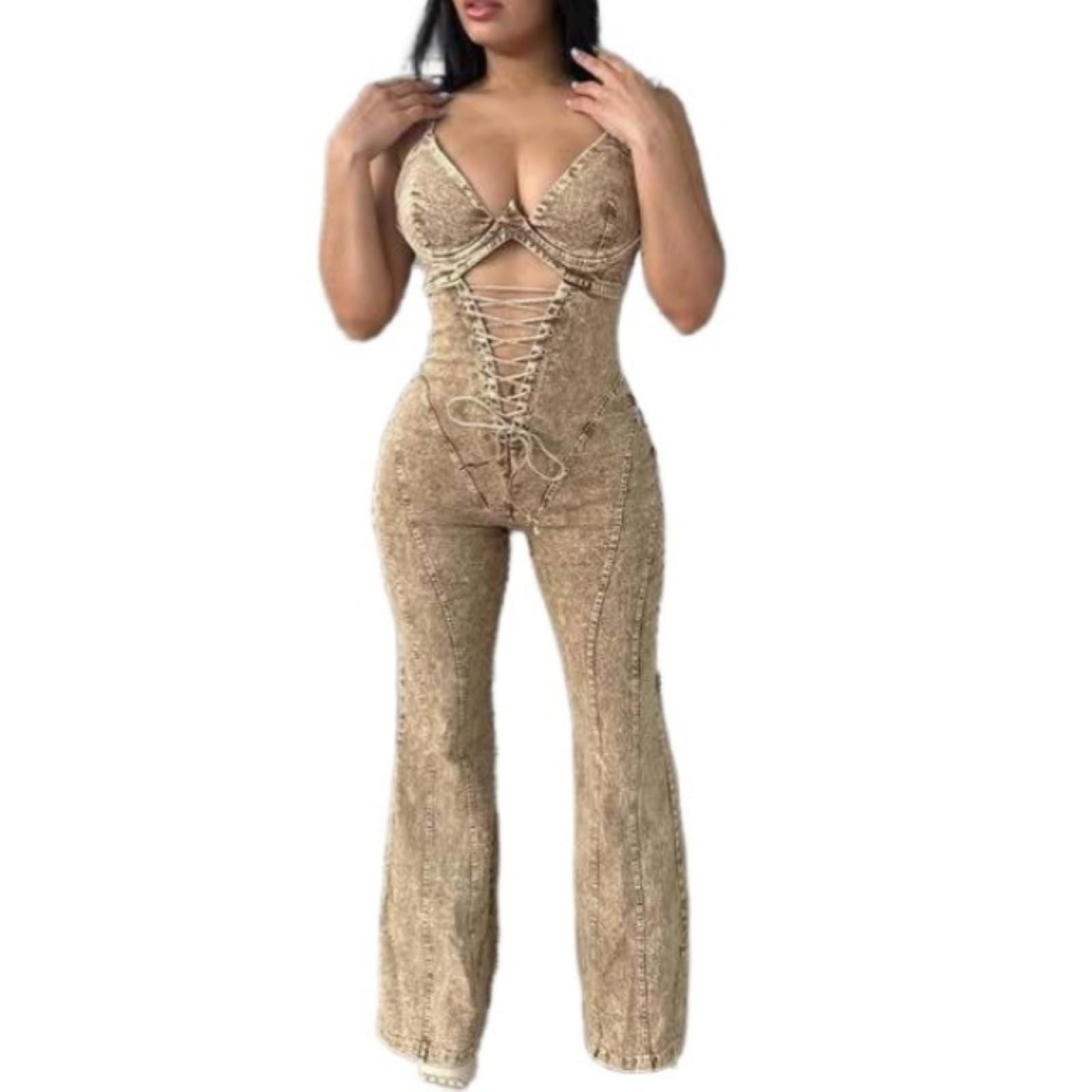 Damskie ramiączka spaghetti Dekolt w serek Dżinsy Pajacyki Hollow Out Bez rękawów Slim Fit Retro Kombinezon
