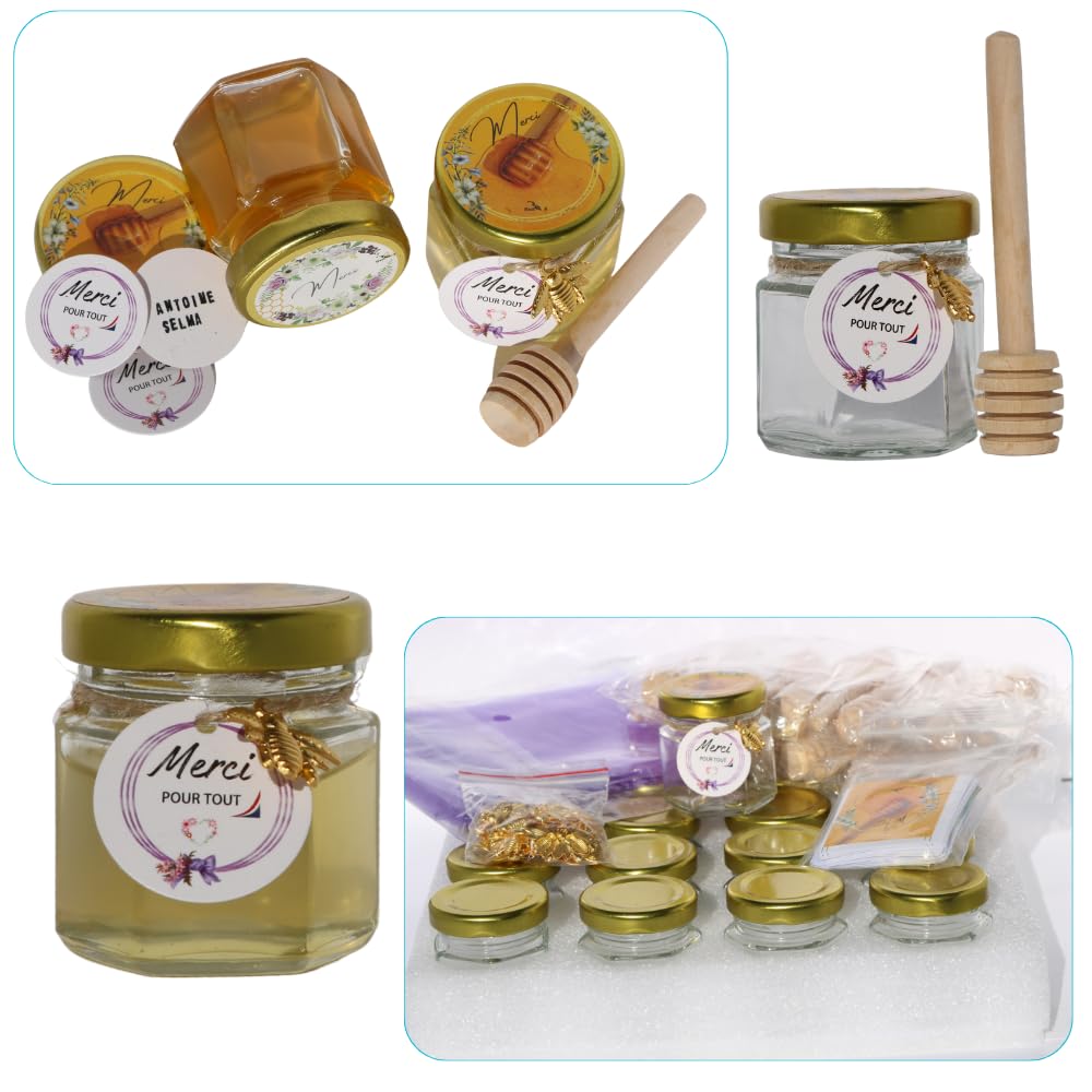 Petits Pots, Mini Pots de Miel en verre (Pack de 40 ) Étiquettes en français et cartes personnalisables, Cuillères en Bois... Parfait Cadeau pour invités de Mariage, Baptême, Anniversaire, Baby Shower