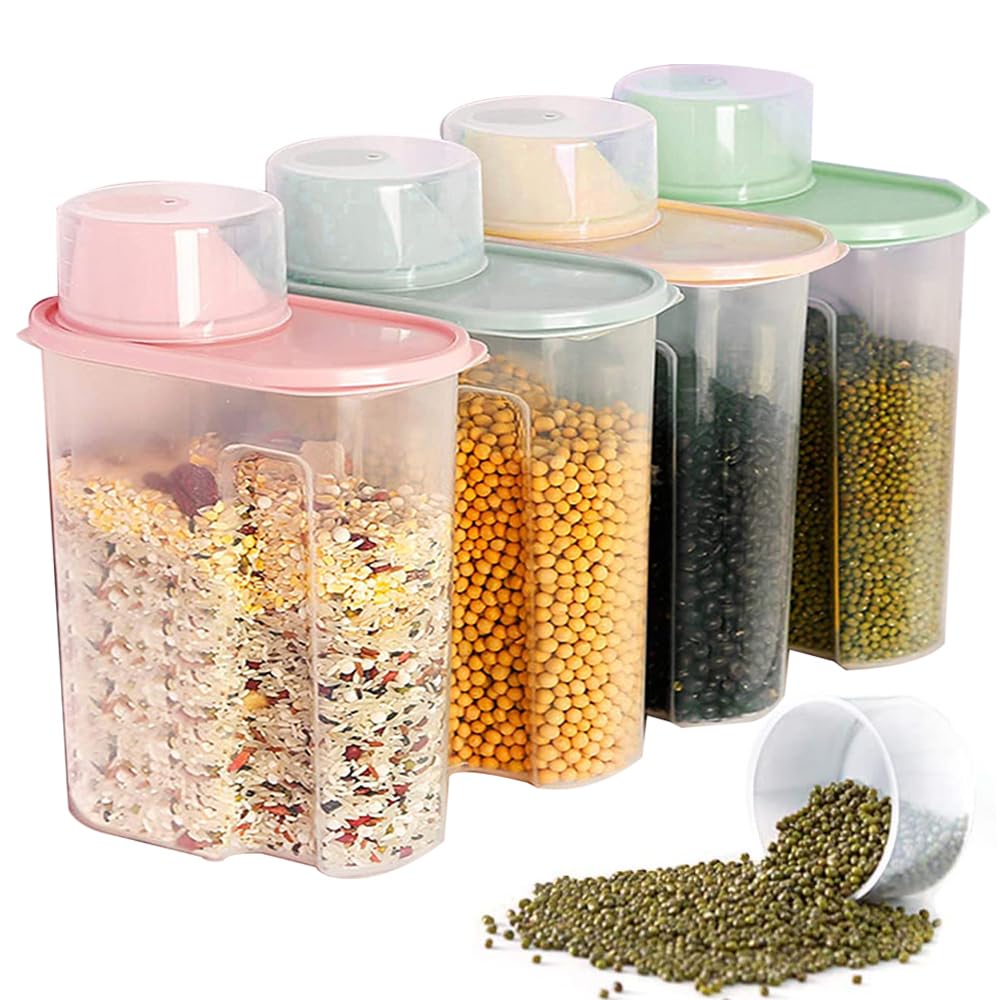 4 Piezas 1,9 L Tanque Almacenamiento Alimentos Secos con Medidora Caja, Envases Cereales Plástico, Almacenamiento Alimentos, Se Utiliza para Alimentos Secos, Cereales, Harina, Café
