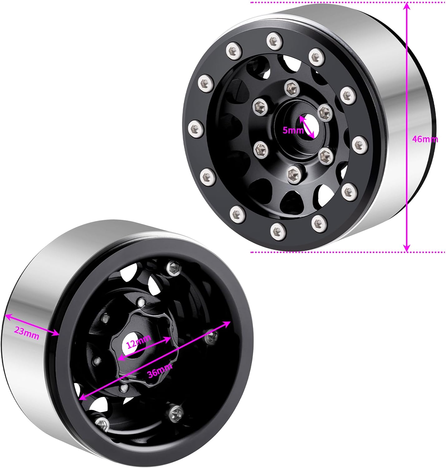 RCLIONS Aluminium 1.55" RC Beadlock Wheel Hub Rims for AXIAL UTB18 D90 TF2 CC01 AX90069 MST JIMNY 1/10 RC Crawler Trail Truck Car Upgrade Parts (Black)