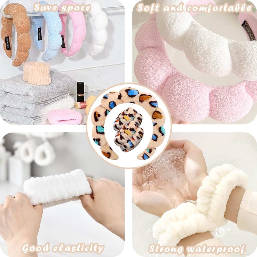 Opaski spa do mycia twarzy opaska na nadgarstek zestaw gąbka makijaż pielęgnacja skóry opaska na nadgarstek ręczniki bąbelkowe miękki ręcznik frotte tkanina opaska do włosów dla kobiet bufiaste