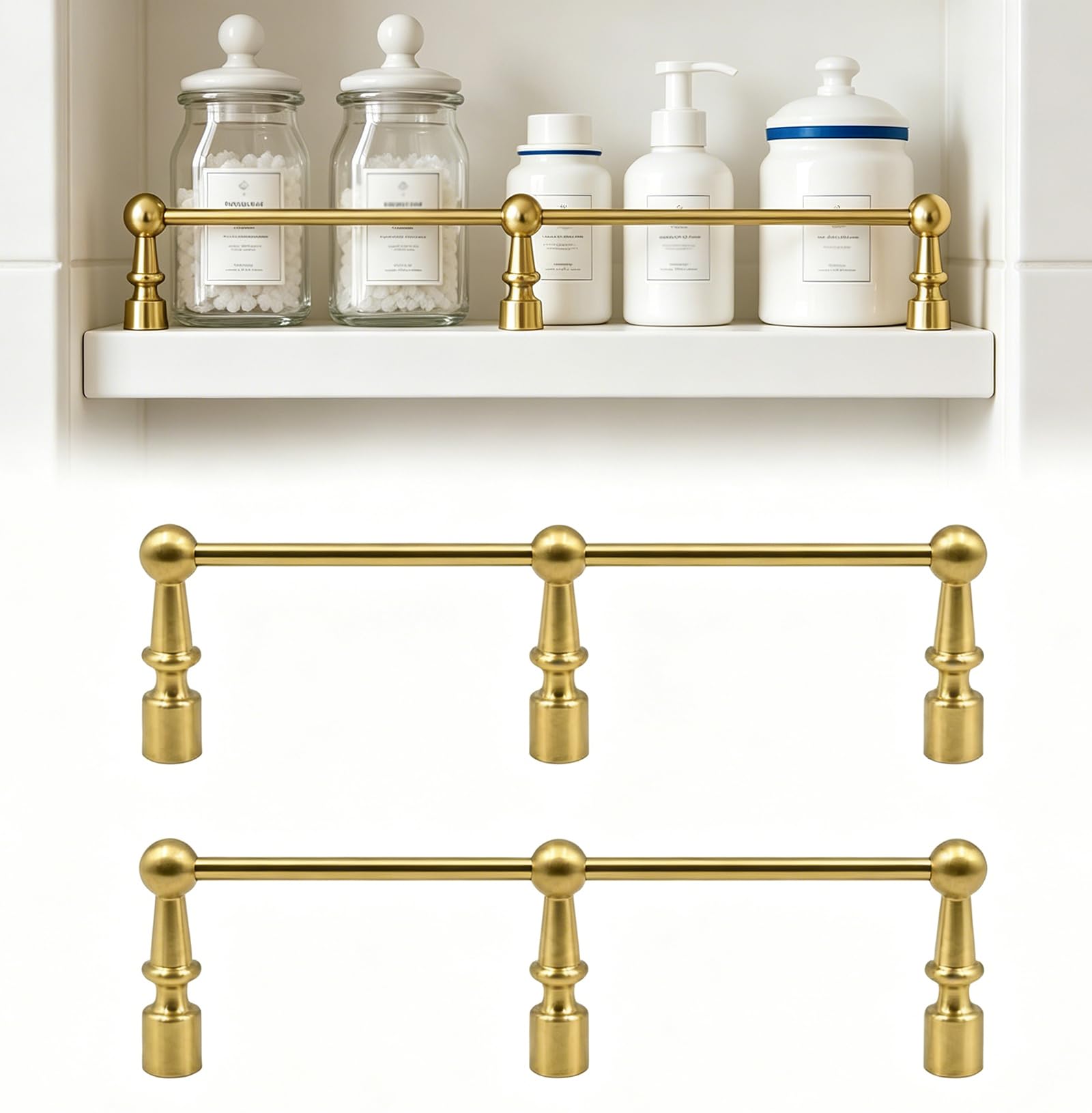 GERAZAHO 2 Pack Brass Shelf Rails for Shelves, Decorative Gold Shelf Rail, Tipping Guardrail Bars, Metal Anti-Fall Shelf Railing for Bookcase, Closet, Kitchen & Shoe Rack Option B 24in/61cm