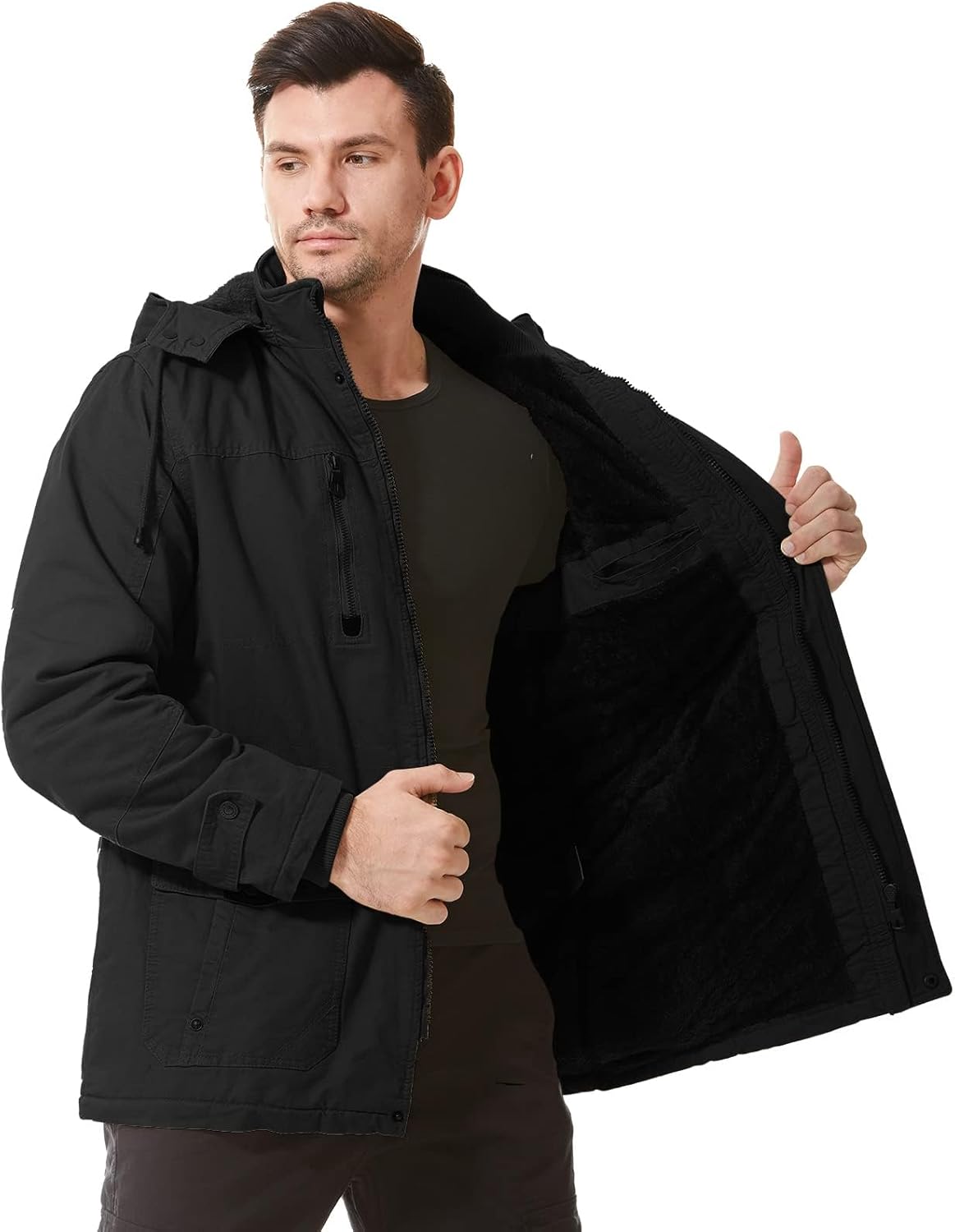 Mens Jacket Winter Casual Fleece Lined Cotton Thick Military Tactical Hooded Work Coats with Cargo Pockets - Image 4
