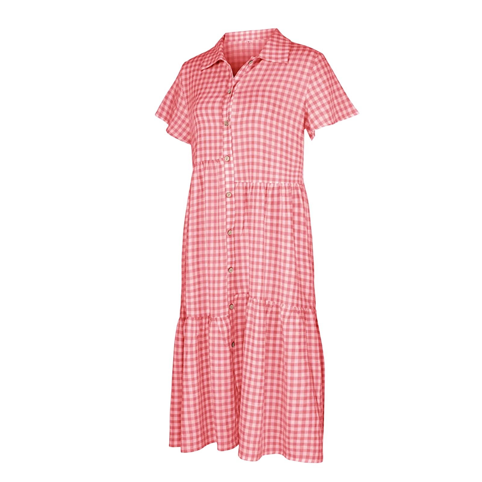 Vestido Camisero Midi A-Line Mujer Manga Corta Estampado Vichy