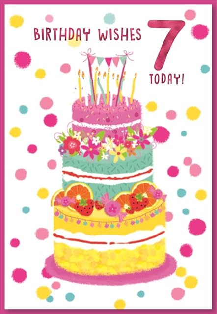 Age 7 Girl Birthday Card - Pink Yellow Green Cake with Pink Foil 7.75x5.25